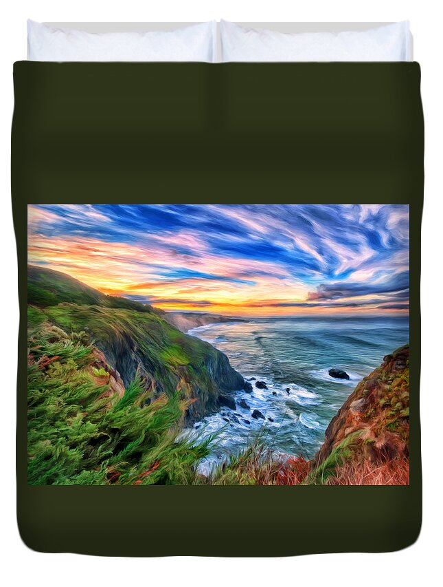 Sunset Duvet Cover featuring the painting The Beauty of Big Sur by Michael Pickett