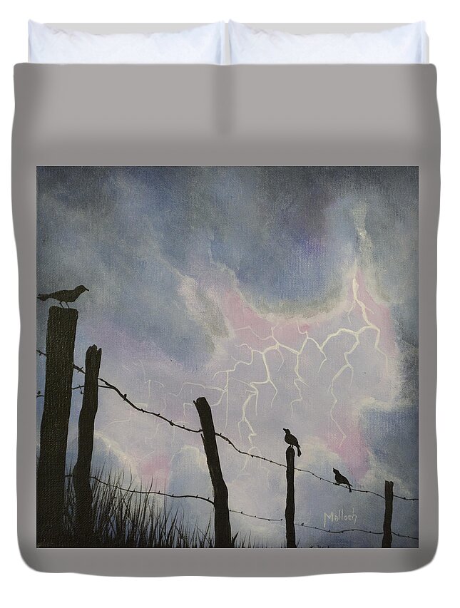 Barbwire Fence Duvet Cover featuring the painting The Birds - Watching the Show by Jack Malloch