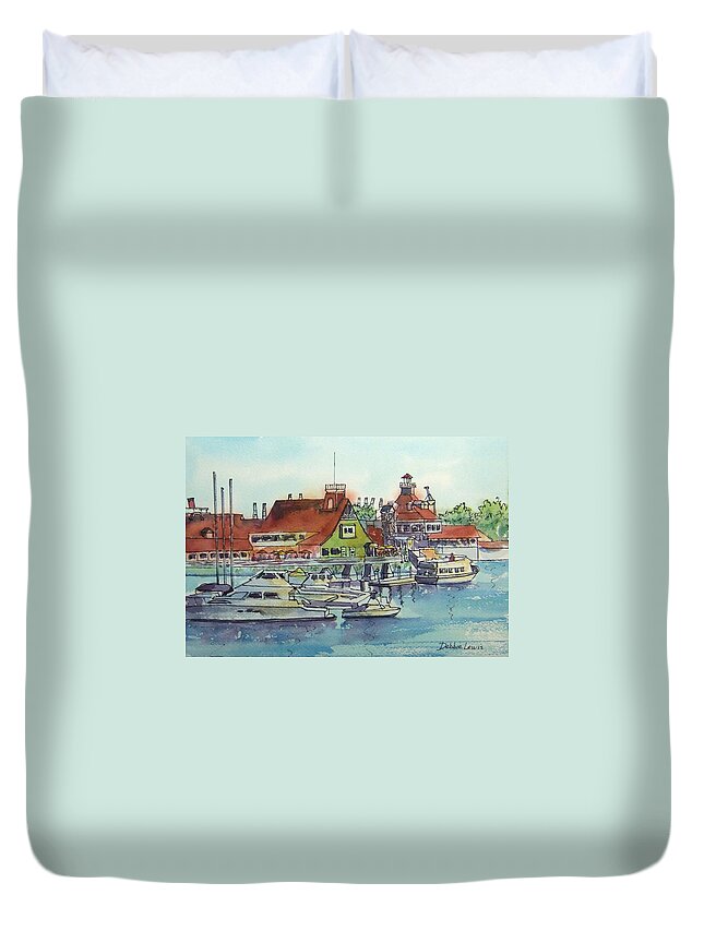 Shoreline Village Duvet Cover featuring the painting The Boats at Shoreline Village by Debbie Lewis