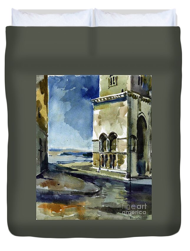 Cathedral Duvet Cover featuring the painting The Cathedral of Trani in Italy by Anna Lobovikov-Katz