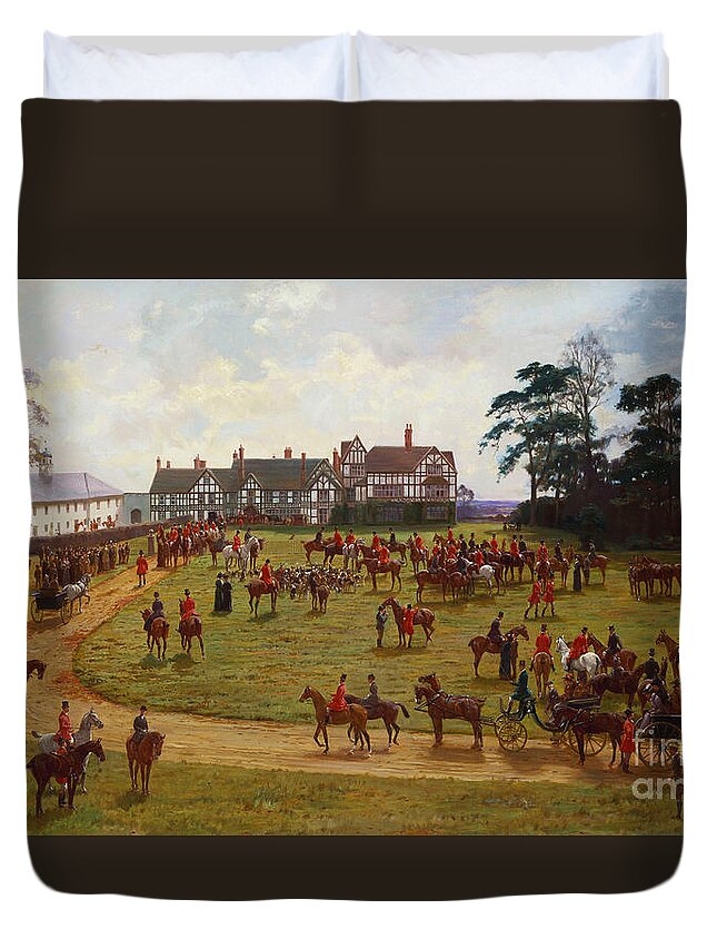 Cheshire; Hunt; Meet; Meeting; Calveley Hall; Foxhunting; Horses; Riders; Country House; Grounds; English; Landscape; Hunting; 19th; England; Birds Eye View; Aerial; Fox; Huntsmen Duvet Cover featuring the painting The Cheshire Hunt  The Meet at Calveley Hall by George Kilburne