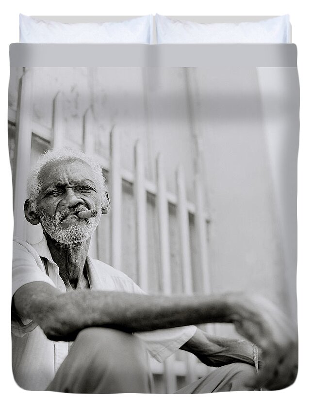 Dude Duvet Cover featuring the photograph The Cigar Smoker Of Havana by Shaun Higson
