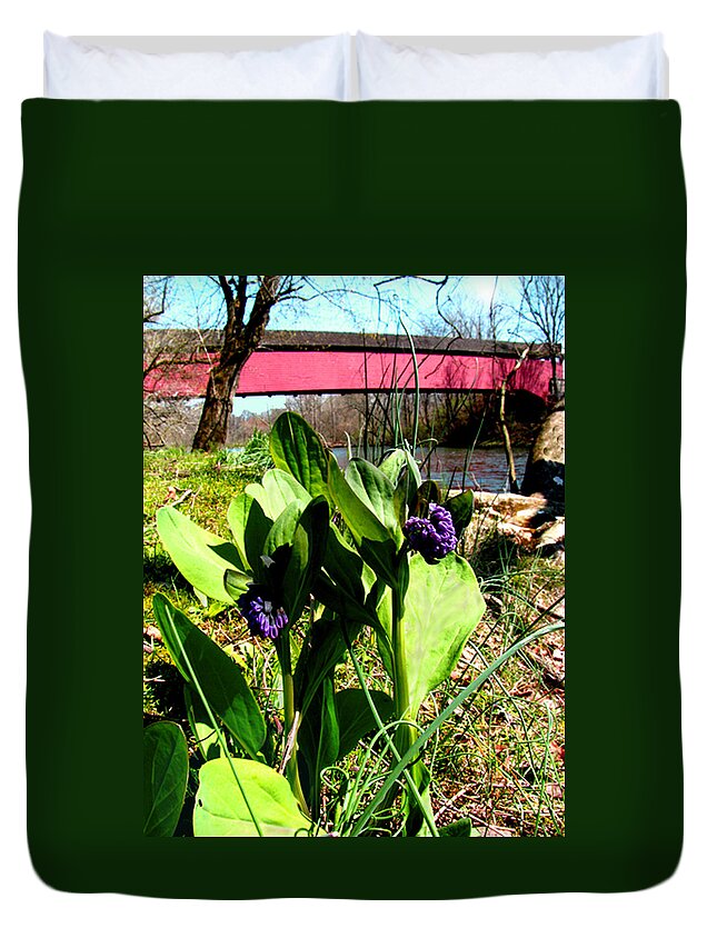 Flowers Duvet Cover featuring the photograph The Red Cover Bridge Or Wertz's Cover Bridge by Donna Brown
