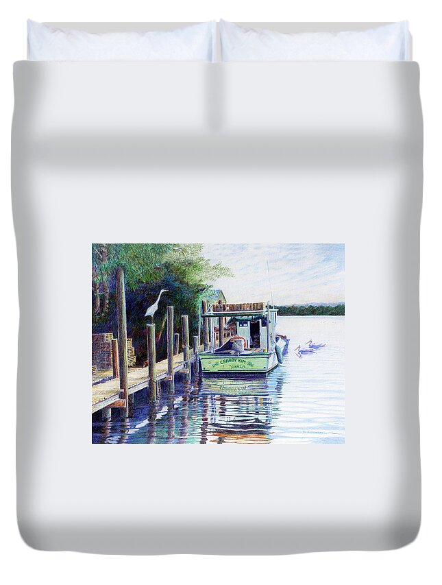 Boats Duvet Cover featuring the painting The Crabby Kim by Roger Rockefeller