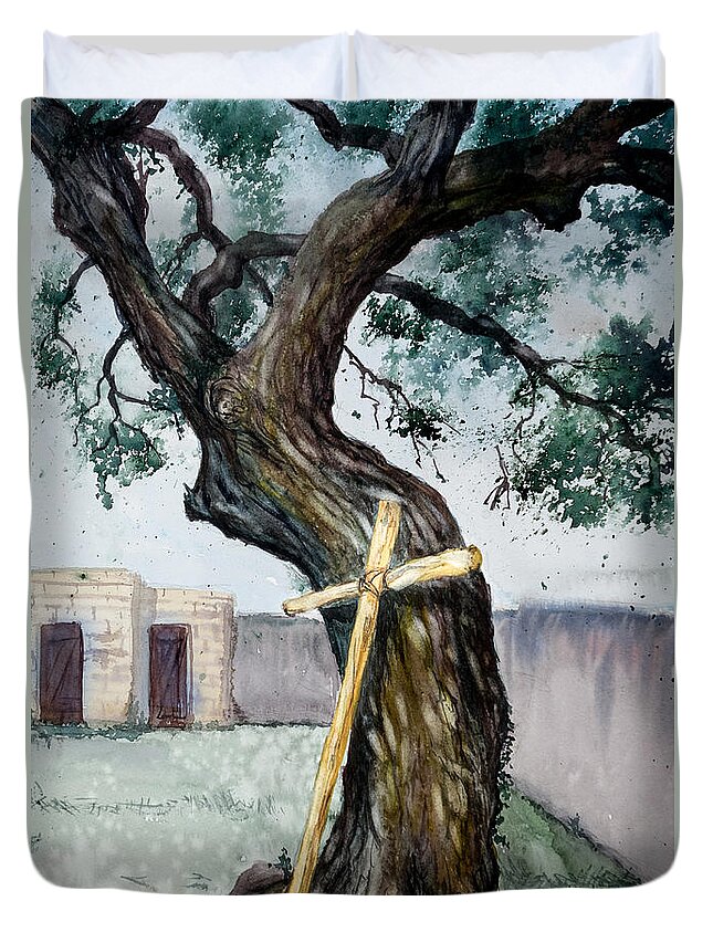 Cross Duvet Cover featuring the painting The Cross and the Tree by Daniel Adams