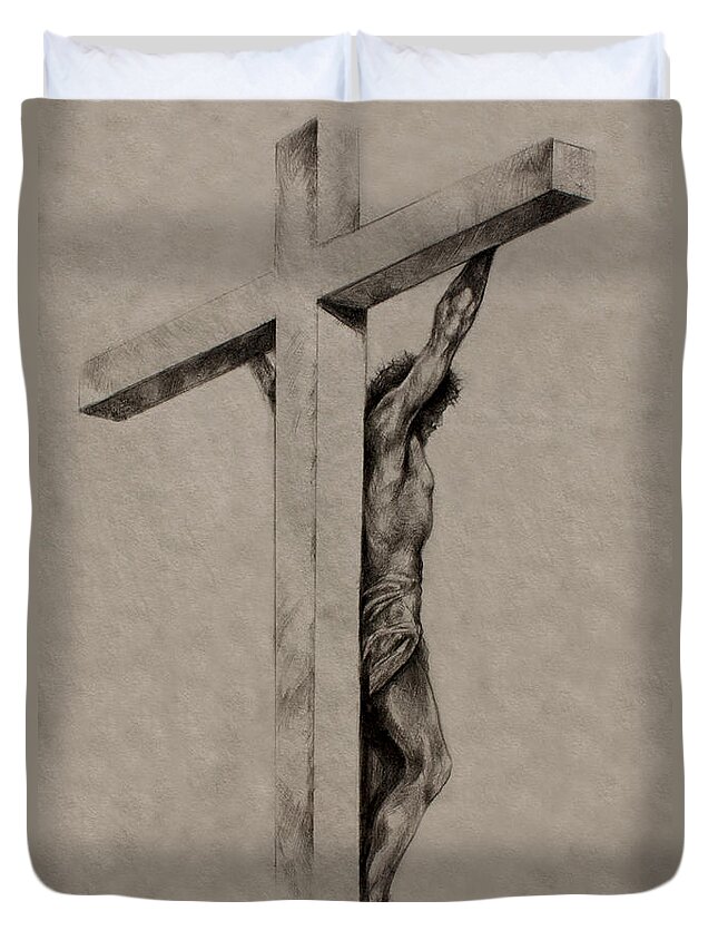 Christ Duvet Cover featuring the drawing The Cross by Derrick Higgins