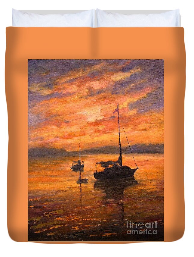 Boats Duvet Cover featuring the painting The Day is Done by B Rossitto