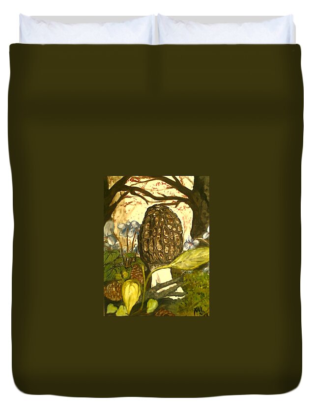 Morel Duvet Cover featuring the painting The Elusive Morel Among Violets by Alexandria Weaselwise Busen