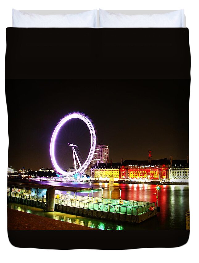 The London Eye Duvet Cover featuring the photograph The Eye in Colors by Zinvolle Art