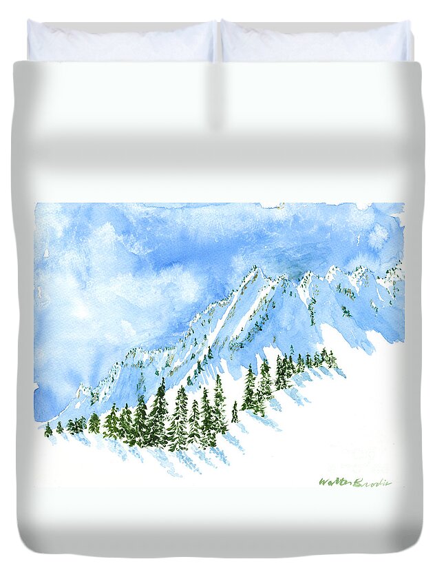 Snowbasin Ski Area Duvet Cover featuring the painting The Face of the Sisters by Walt Brodis