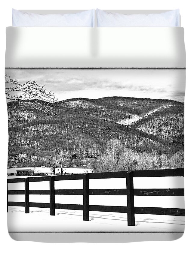 The Fenceline B W Duvet Cover featuring the photograph The Fenceline B W by Jemmy Archer