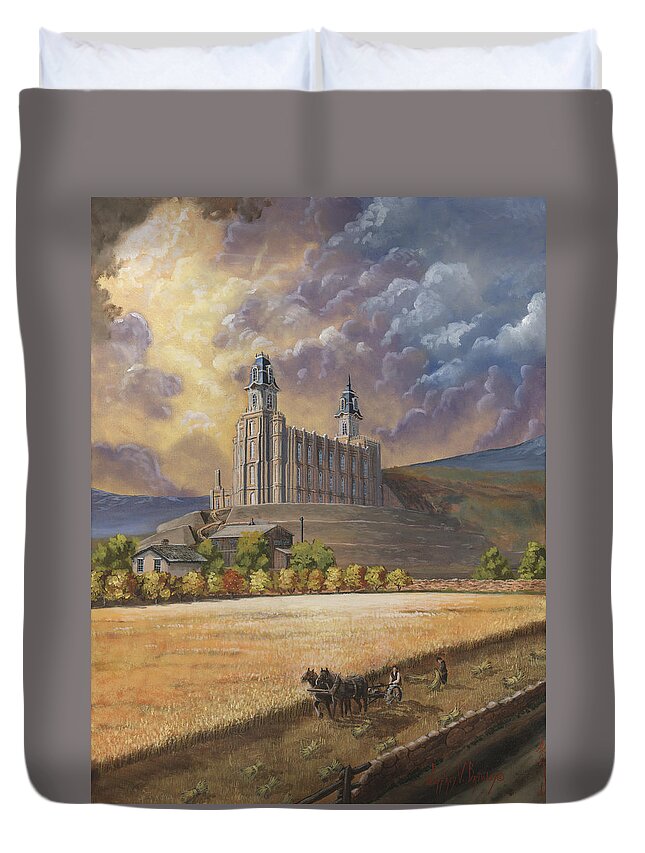 Manti Temple Duvet Cover featuring the painting The Field is White by Jeff Brimley