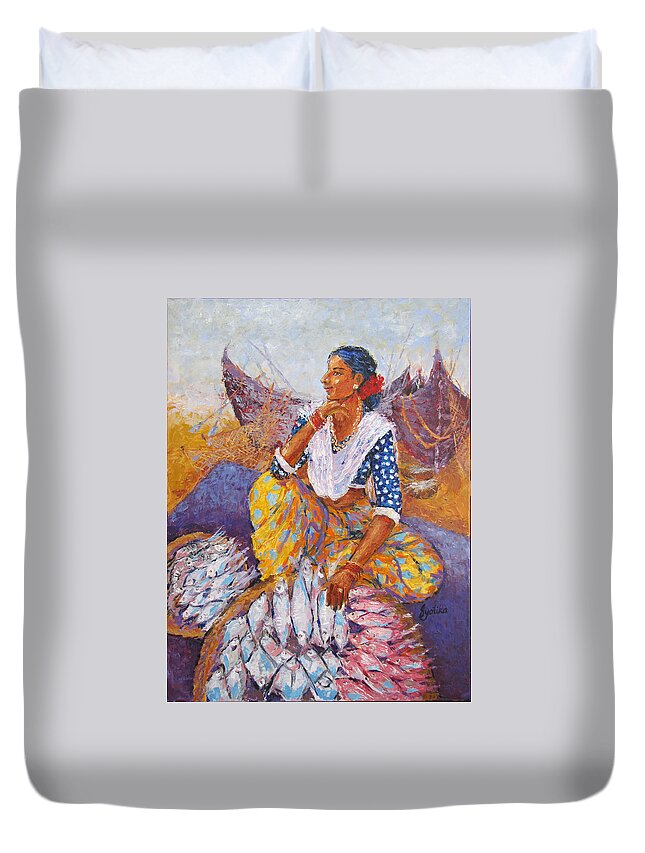 Fish Duvet Cover featuring the painting The Fisherwoman by Jyotika Shroff