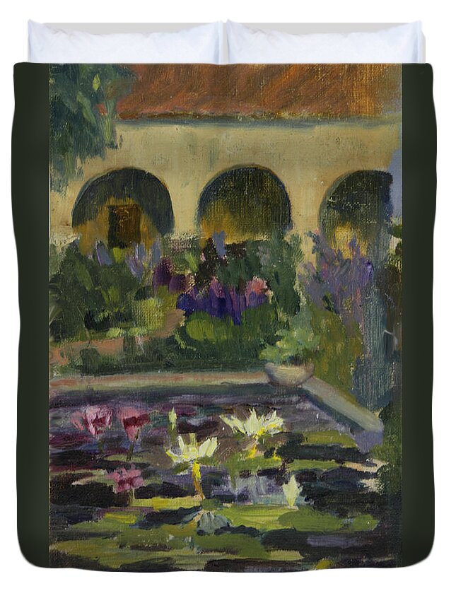 San Juan Capistrano Mission Duvet Cover featuring the painting  Fountain At Mission San Juan Capistrano by Maria Hunt