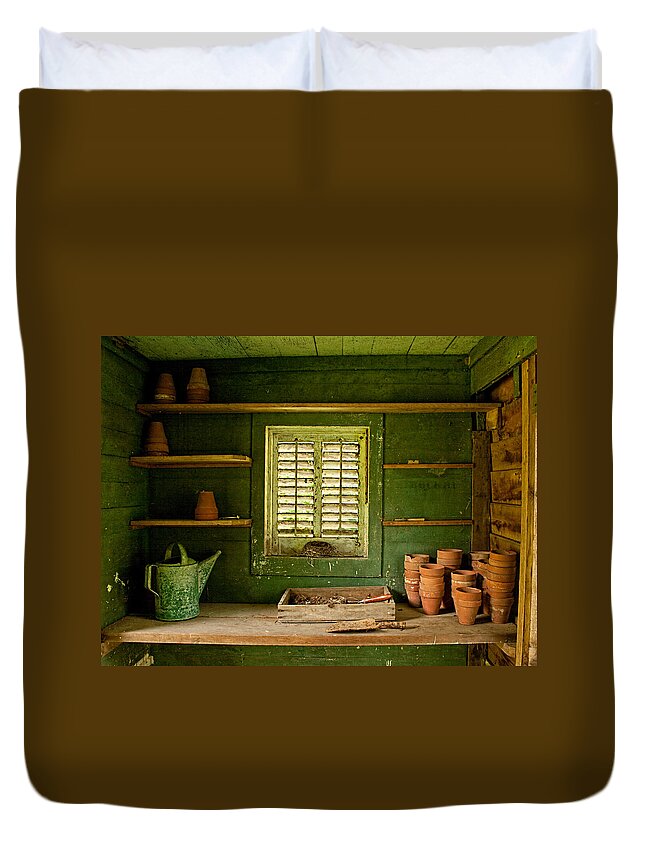 Garden Duvet Cover featuring the photograph The Gardener's Shed by Kristia Adams