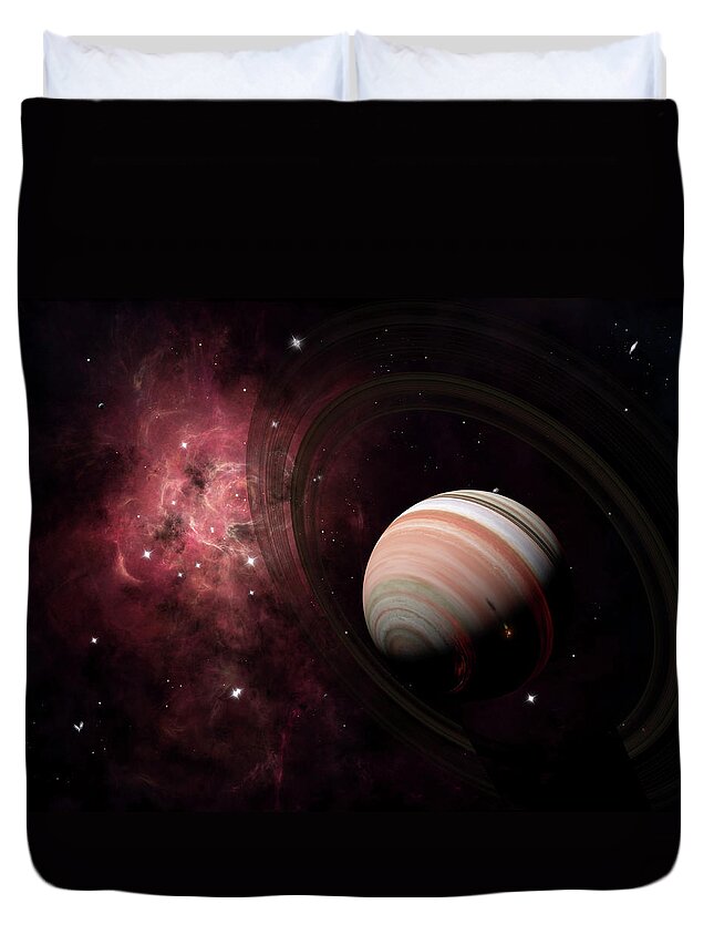 Outdoors Duvet Cover featuring the digital art The Gas Giant Carter Orbited By Its Two by Brian Christensen/stocktrek Images