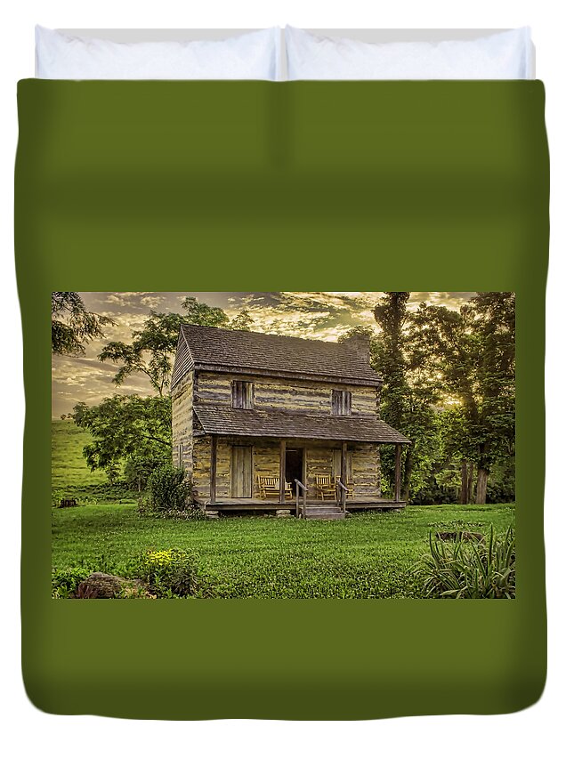 Log Cabin Duvet Cover featuring the photograph The Golden Hour by Heather Applegate