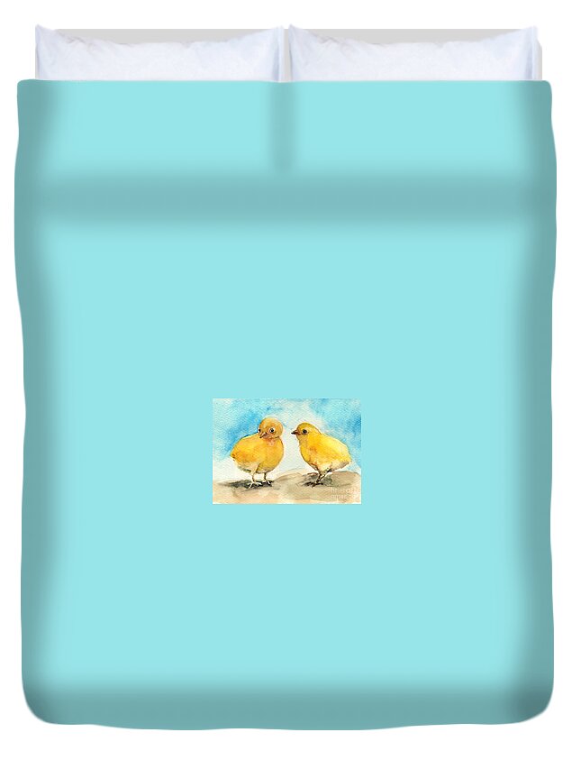 Chicks Duvet Cover featuring the painting The gossiping chicks by Asha Sudhaker Shenoy