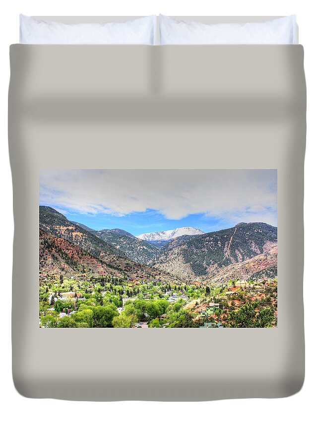 Pike's Peak Duvet Cover featuring the photograph The Great White Shining Mountain by Lanita Williams