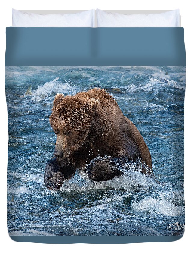 Alaska Duvet Cover featuring the photograph The grizzly plunge by Joan Wallner