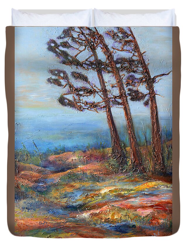 Pine Trees Duvet Cover featuring the painting The Guardians by Claire Bull