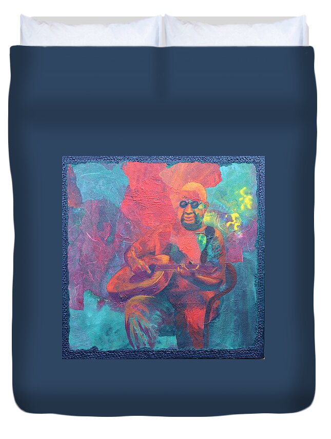 People Duvet Cover featuring the painting The Guitar Player by Nancy Jolley
