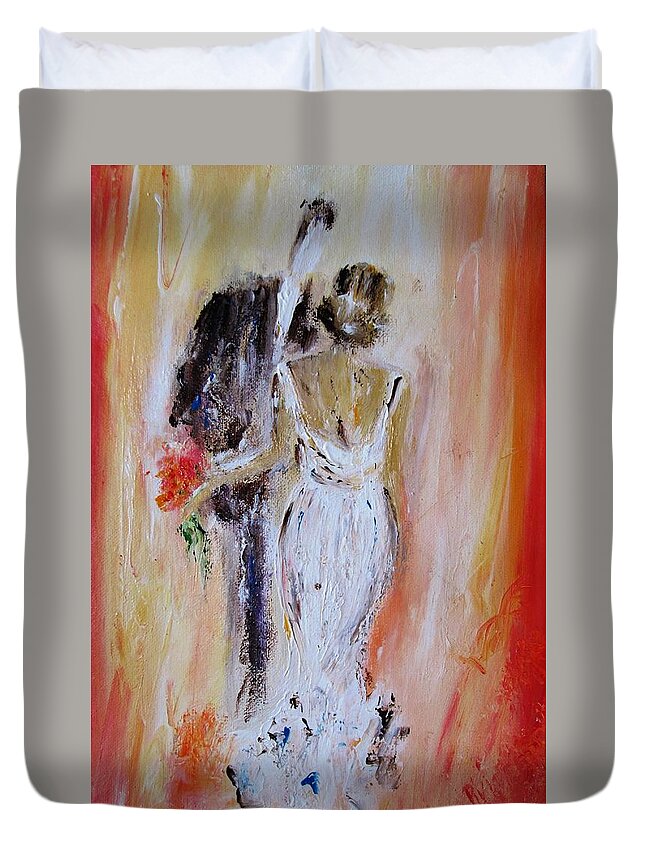 Bride And Groom Duvet Cover featuring the painting Paintings Of Wedding Couples by Mary Cahalan Lee - aka PIXI