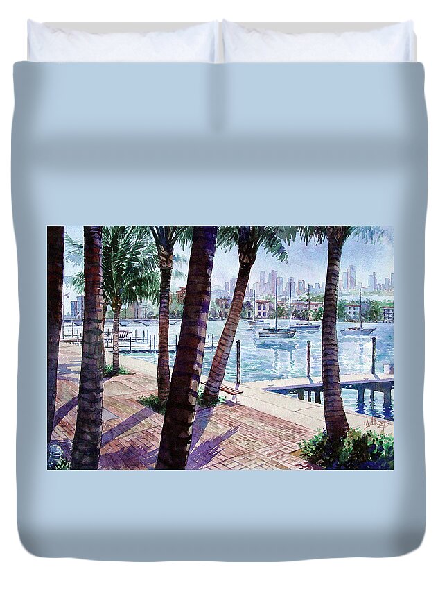 Landscape Duvet Cover featuring the painting The Harbor Palms by Mick Williams