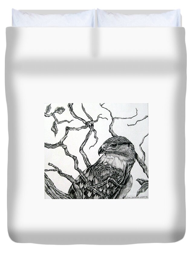 Hawk Duvet Cover featuring the drawing The Hawk by Alison Caltrider
