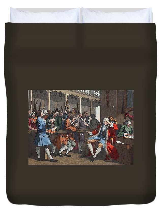 Courtroom Duvet Cover featuring the drawing The Industrious Prentice Alderman by William Hogarth