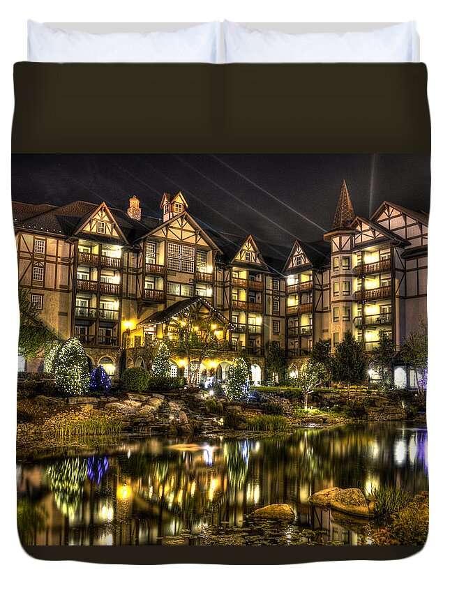 The Inn At Christmas Place Duvet Cover featuring the photograph The Inn at Christmas Place Night by Greg and Chrystal Mimbs