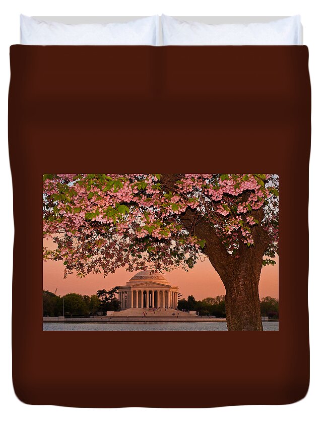 America Duvet Cover featuring the photograph The Jefferson Memorial Framed by a Cherry Tree by Mitchell R Grosky