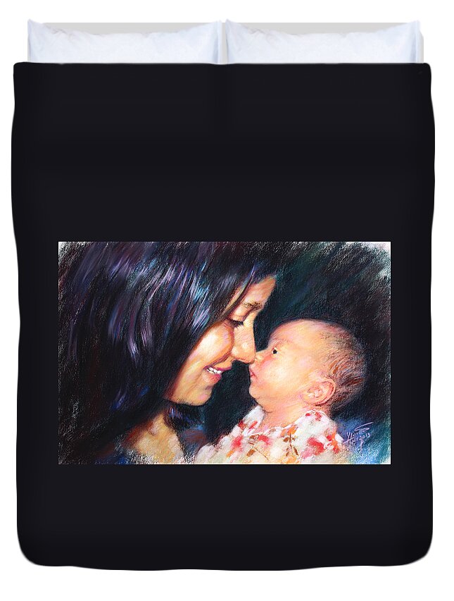 The Joy Duvet Cover featuring the drawing The Joy of a Young Mother by Viola El