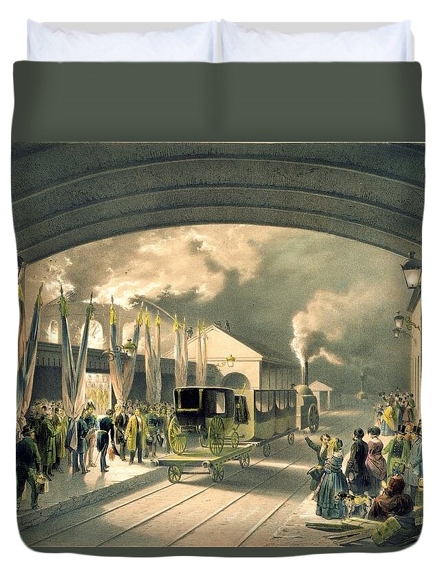 French Duvet Cover featuring the drawing The King At New Cross Station by Edouard Pingret