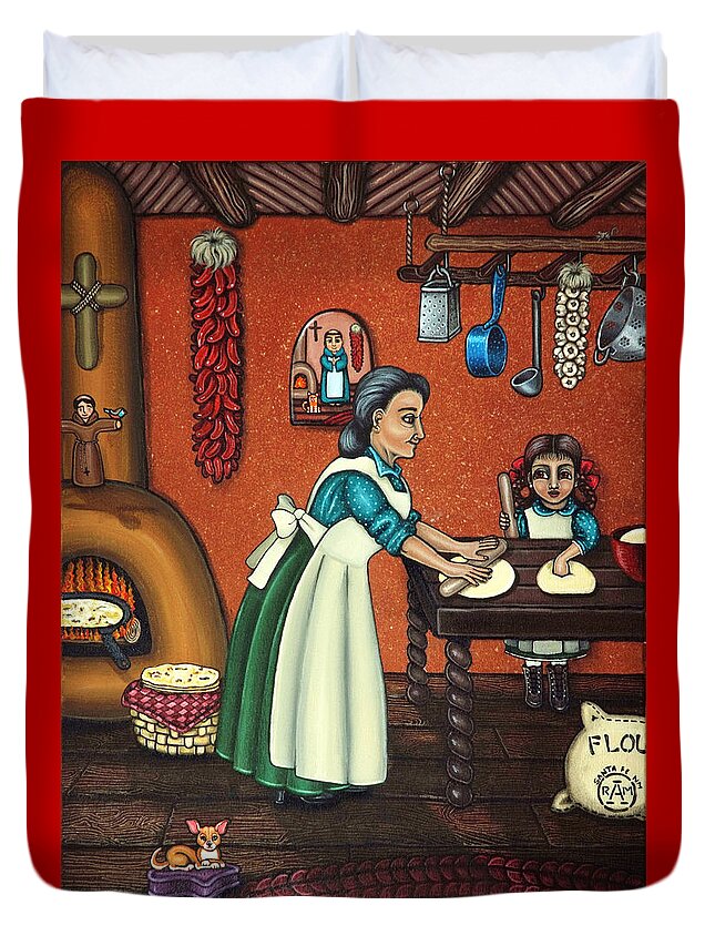 Folk Art Duvet Cover featuring the painting The Lesson or Making Tortillas by Victoria De Almeida