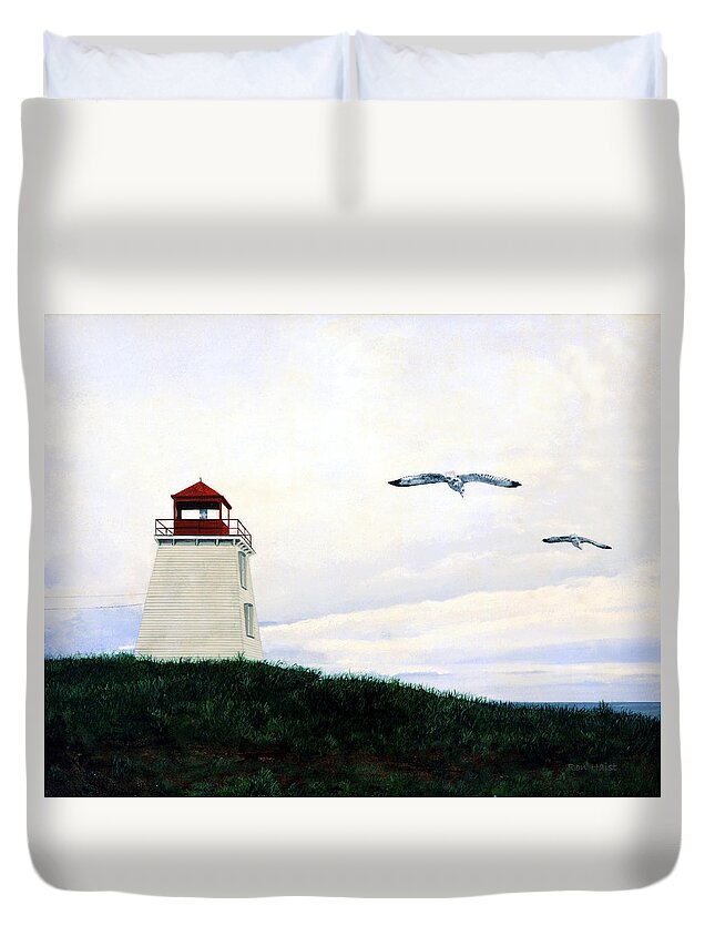Water Duvet Cover featuring the painting The Lighthouse by Ron Haist