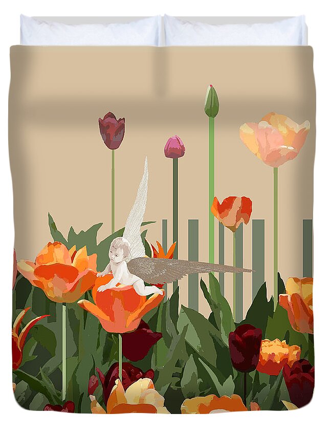 Angel Duvet Cover featuring the digital art A little angel with tulips by Victoria Fomina