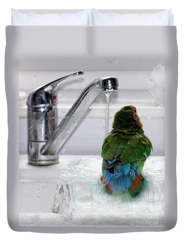 Bird Duvet Cover featuring the photograph The Lovebird's Shower by Terri Waters