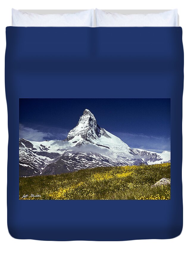 Alpine Duvet Cover featuring the photograph The Matterhorn with Alpine Meadow in Foreground by Jeff Goulden