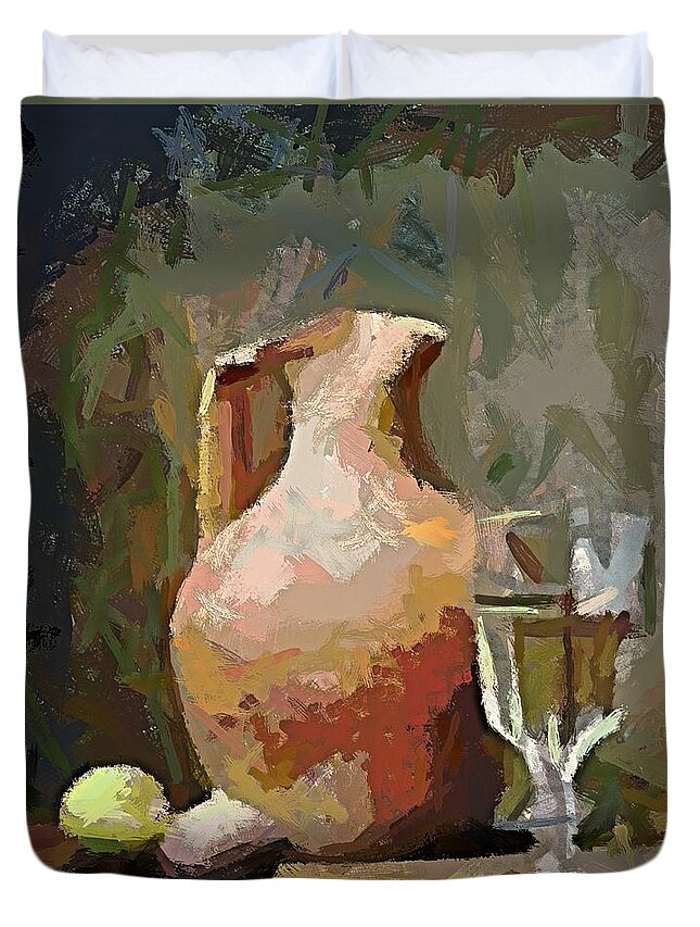 Still Life Duvet Cover featuring the painting The Mayolka And Glass Of White by Dragica Micki Fortuna