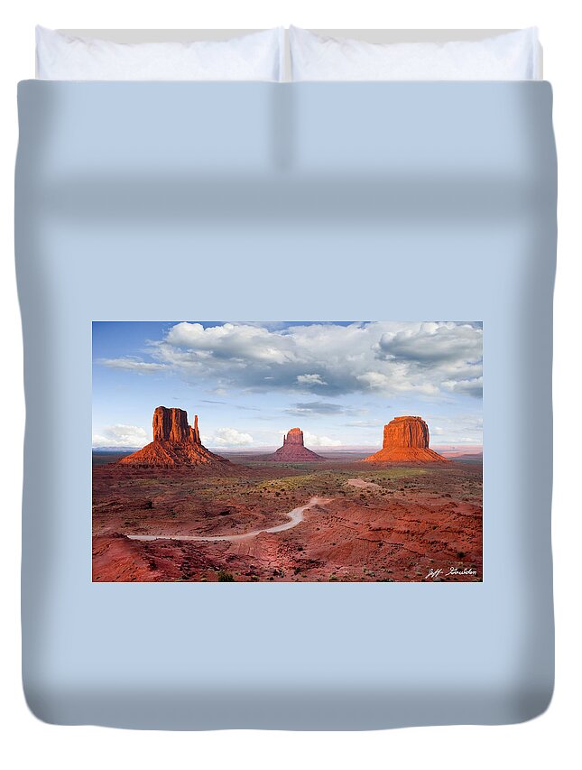 Arizona Duvet Cover featuring the photograph The Mittens and Merrick Butte at Sunset by Jeff Goulden
