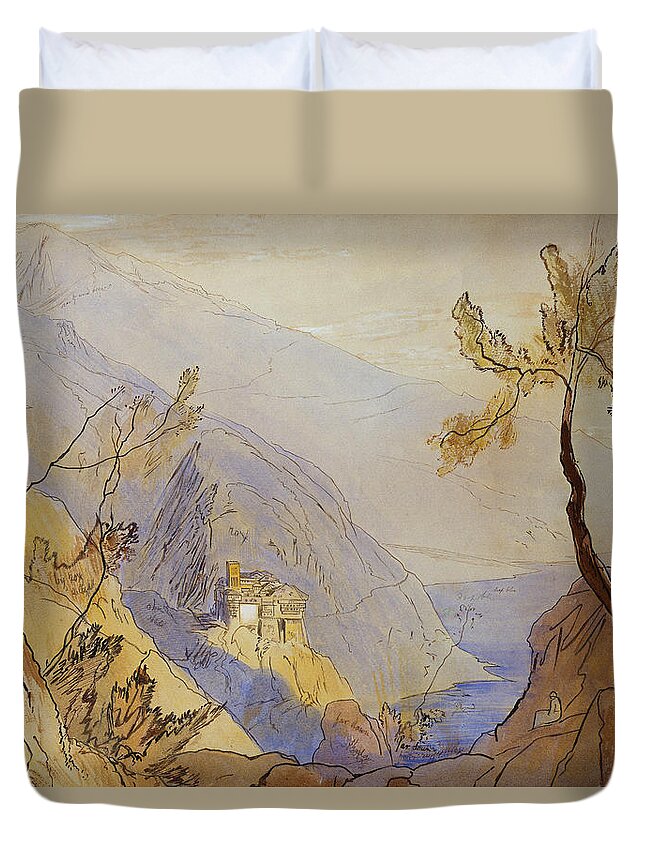 https://render.fineartamerica.com/images/rendered/default/duvet-cover/images-medium-5/the-monastery-of-st-dionysius-mount-athos-edward-lear.jpg?&targetx=0&targety=135&imagewidth=844&imageheight=573&modelwidth=844&modelheight=844&backgroundcolor=C7B99A&orientation=0&producttype=duvetcover-queen