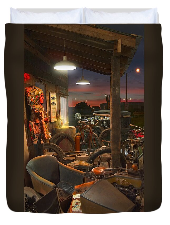 Motorcycle Duvet Cover featuring the photograph The Motorcycle Shop 2 by Mike McGlothlen