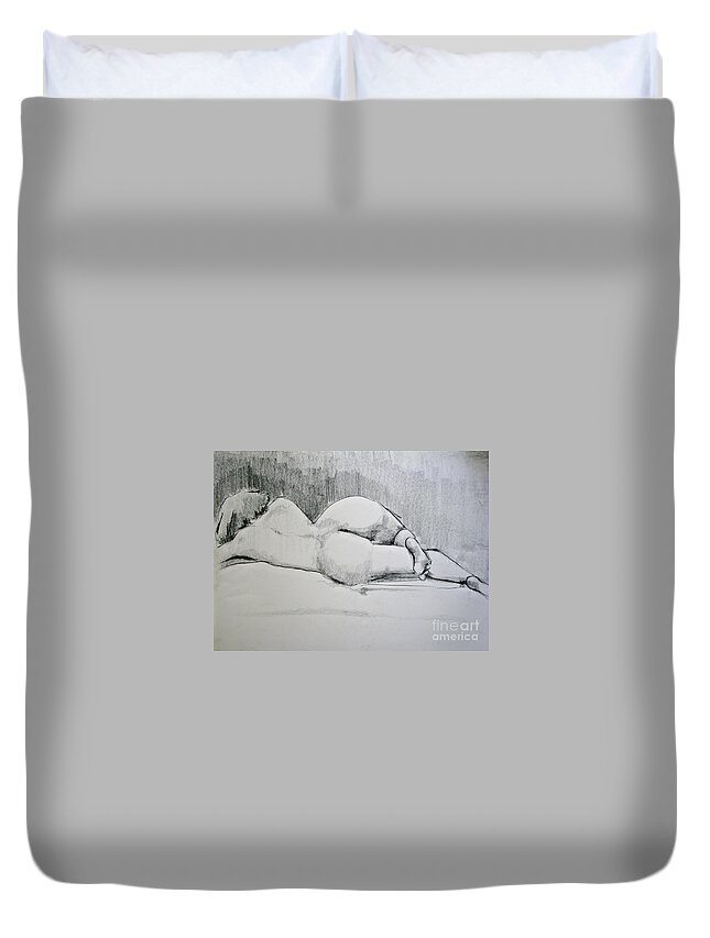 Nude Duvet Cover featuring the drawing The Nap by Rory Siegel