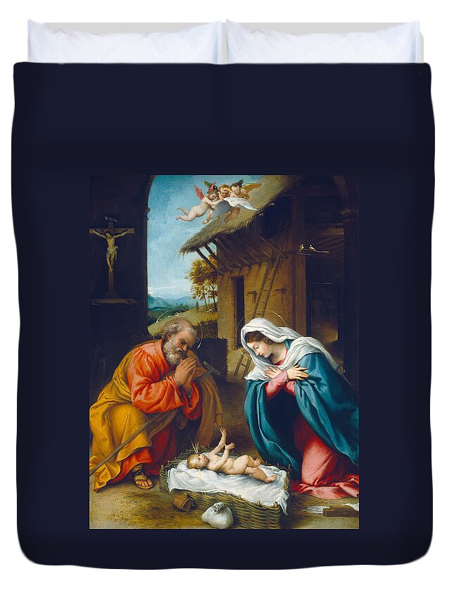 Holy Family; Joseph; Virgin Mary; New Testament; Birth; Jesus; Baby; Stable; Angels; Halo; Praying; Kneeling; Renaissance; Adoration; Boy; Female; Male; Italian; Religion; Christianity; Basket; Life Of Christ; Nativity Duvet Cover featuring the painting The Nativity 1523 by Lorenzo Lotto