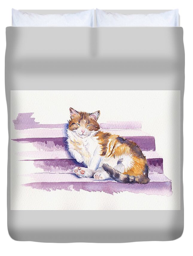 Cat Duvet Cover featuring the painting The Naughty Step - Snoozing Cat by Debra Hall