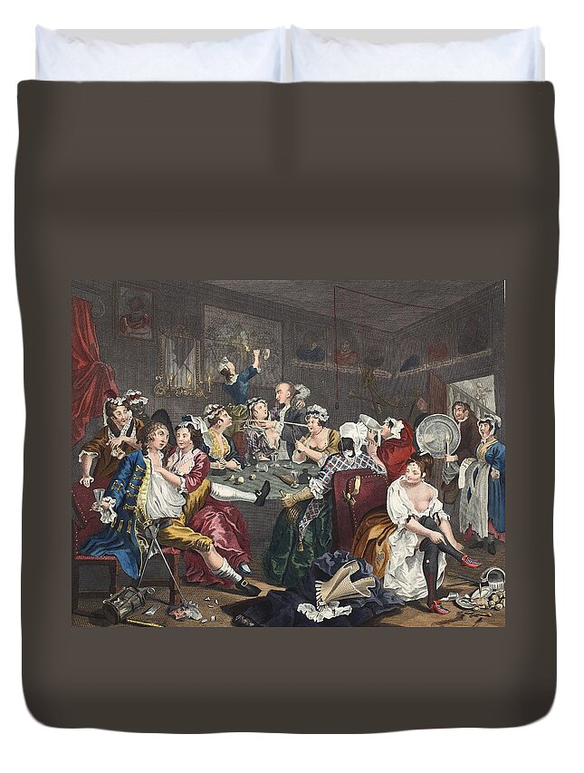 Whorehouse Duvet Cover featuring the drawing The Orgy, Plate IIi From A Rakes by William Hogarth