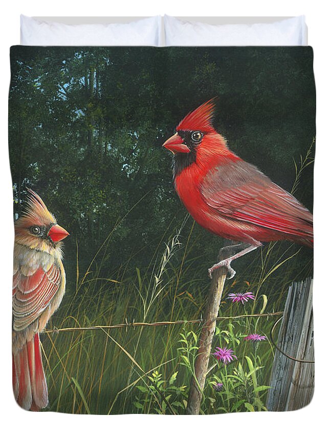 Cardinals Duvet Cover featuring the painting The Perfect Match by Mike Brown