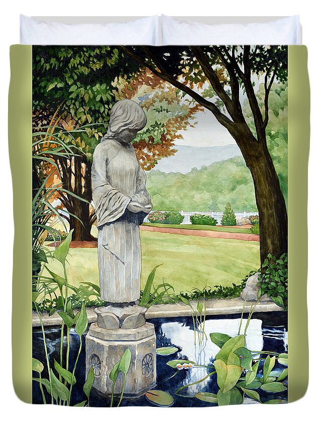 Watercolor Duvet Cover featuring the painting The Praying Pond by Mick Williams