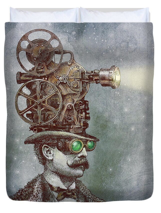 Projector Duvet Cover featuring the drawing The Projectionist by Eric Fan